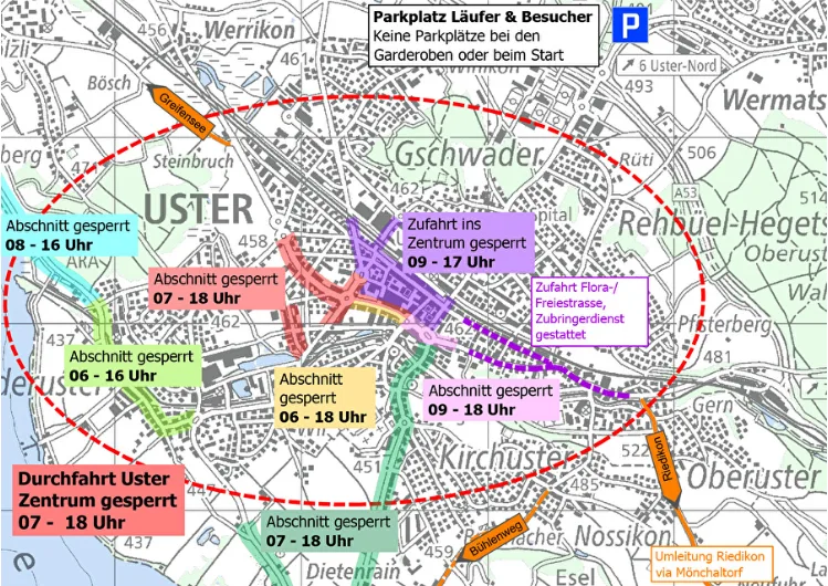 Am kommenden Samstag empfiehlt die Stadt Uster, das Zentrum grossräumig zu umfahren. Karte von den Sperrzeiten in Uster